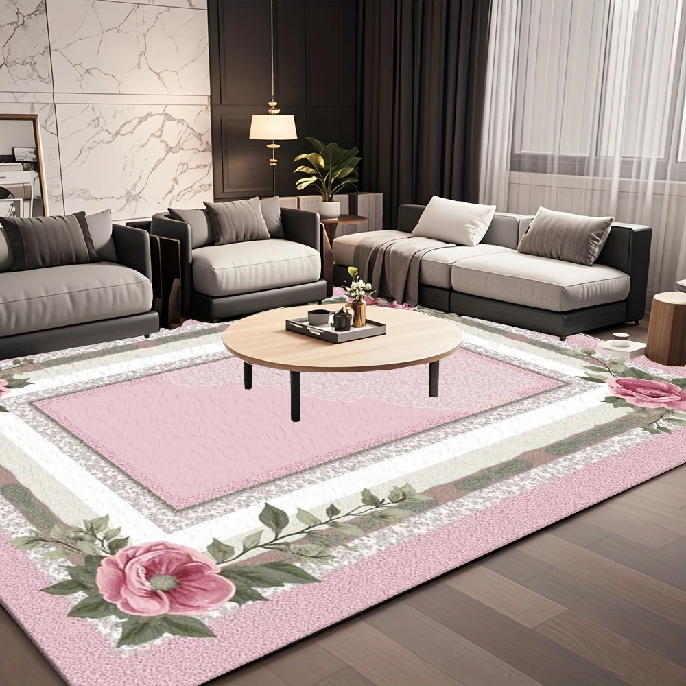 Pink Rose Floral Frame Area Rug, Elegant Decorative Floor Carpet, Soft Home Mat For Living Room