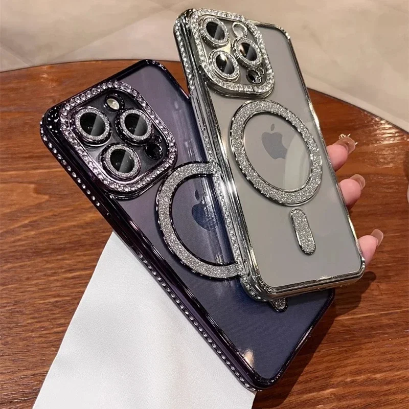 حافظة شفافة ماسية لامعة عصرية جديدة لهاتف آيفون 16 15 14 13 11 12 Pro Max 16 Plus غطاء ممتص للصدمات للشحن اللاسلكي المغناطيسي