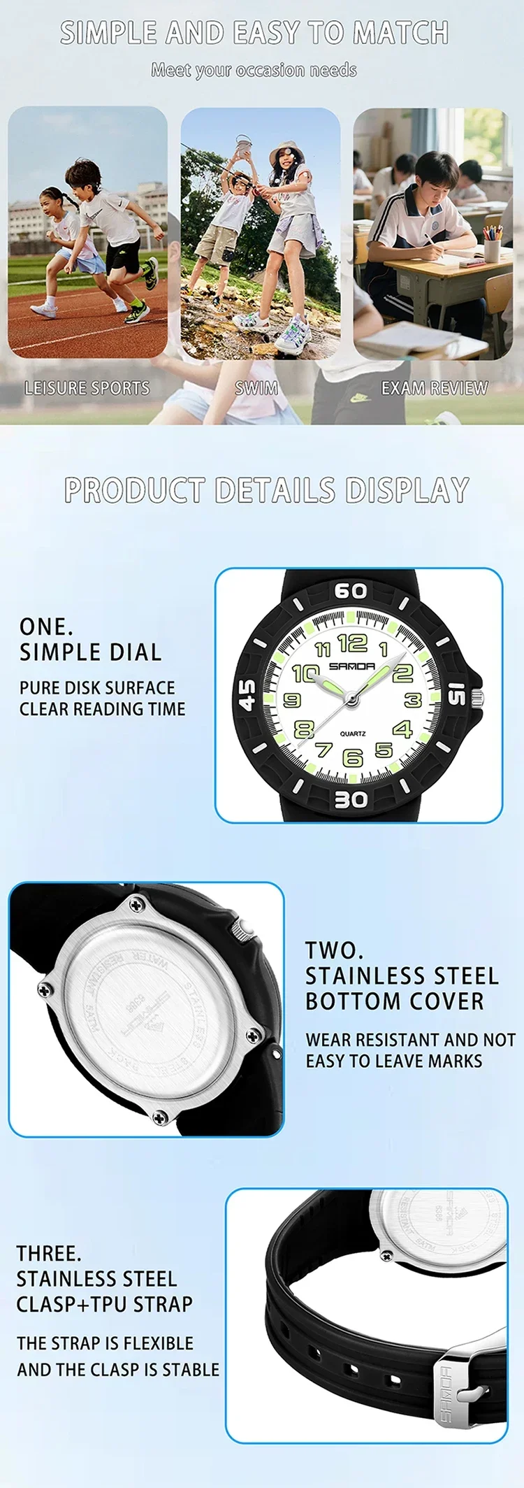 SANDA Popular Children Student Quartz Watch Fashion Simple Waterproof Silicone Strap Kids Wristwatch