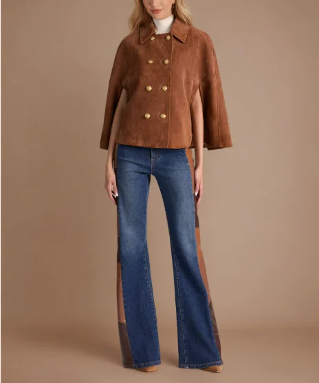 

Women's Jacket 2026 Spring Autumn Retro Loose Fit Double Row Metal Buckle Design Turn-Down Collar Brown Suede Cape Jacket