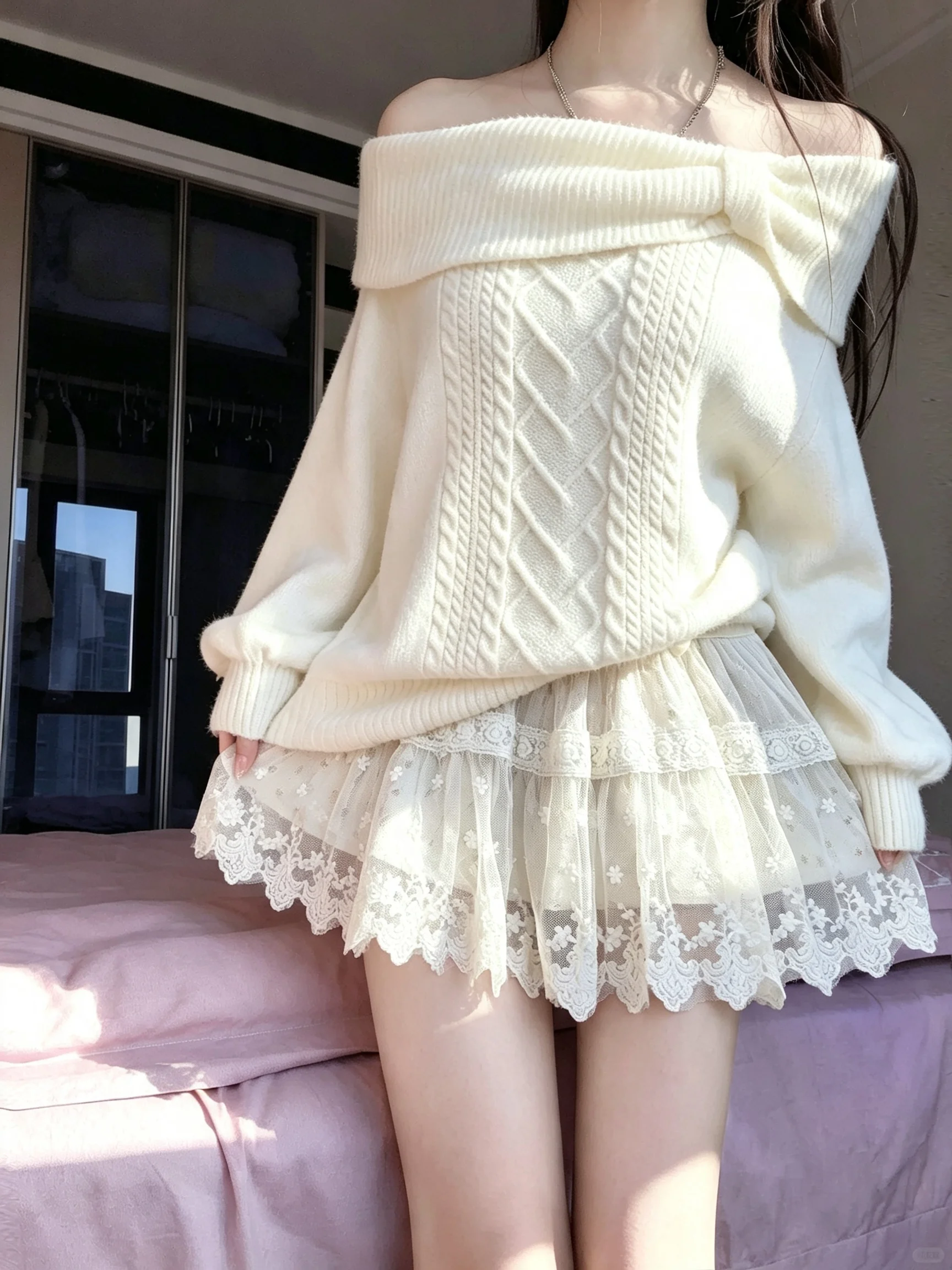 Japanese Sweet Daily Streetwear Japanese Women Slim Fit Off Shoulder Knit Jumper Soft Long Sleeve Fashion Pullover Sweater