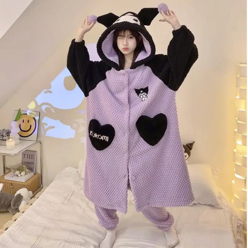 Cute Sanrio Y2K Anime Kuromi Plush Pajamas Suit Cartoon Homewear Sleepwear Autumn Winter Girl Kawaii Embroidery Hooded Nightwear