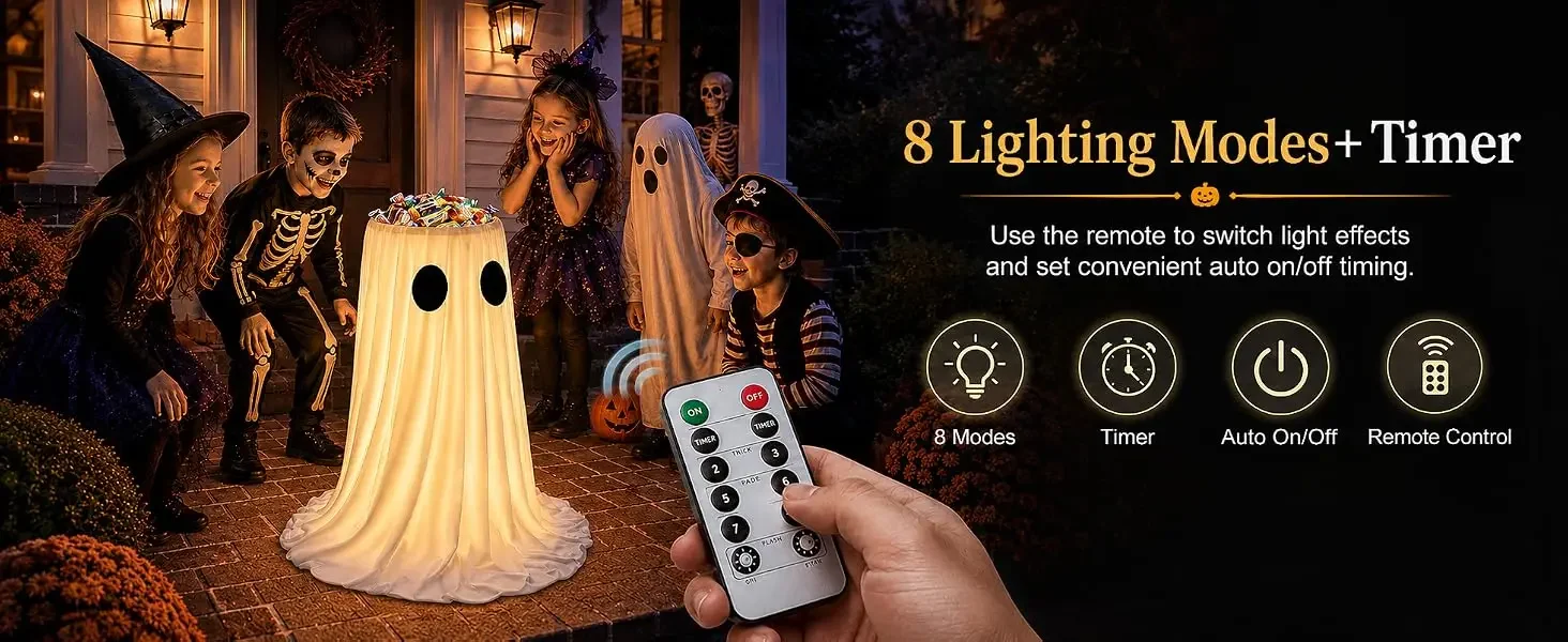 8-mode lighted ghost candy bowl with timer remote for Halloween outdoor porch decorations.
