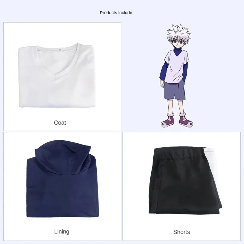 Anime Hunter X Hunter Killua Zoldyck คอสเพลย์เครื่องแต่งกายชุดเครื่องแต่งกายฮาโลวีนสําหรับผู้หญิงผู้ชายเสื้อยืดกางเกงขาสั้นเสื้อผ้าวิกผม