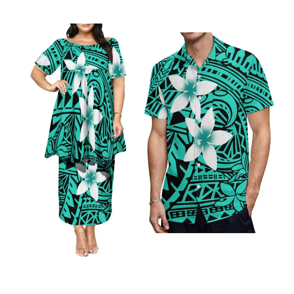 Robe Puletasi sans manches pour femmes, tenues de couple avec jupe double couche incluse. Chemise de dîner pour hommes personnalisable