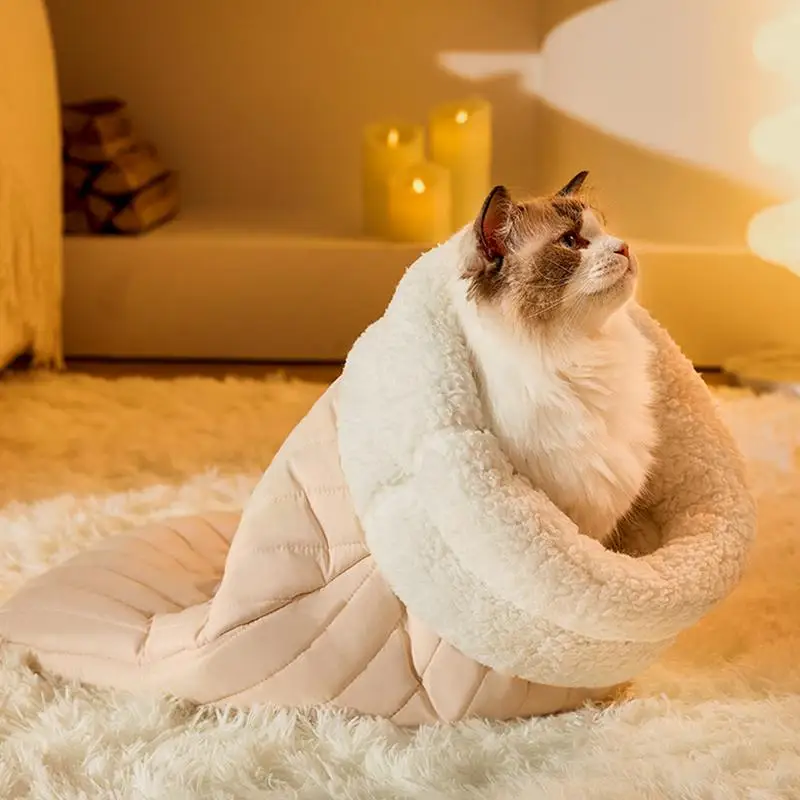 Cat Sleeping Bag Soft Cuddly Fluffy Feel Thickened Pet Pocket Type Quilt Bed Kitten Puppy Soft Comfortable Warm Nest Pet