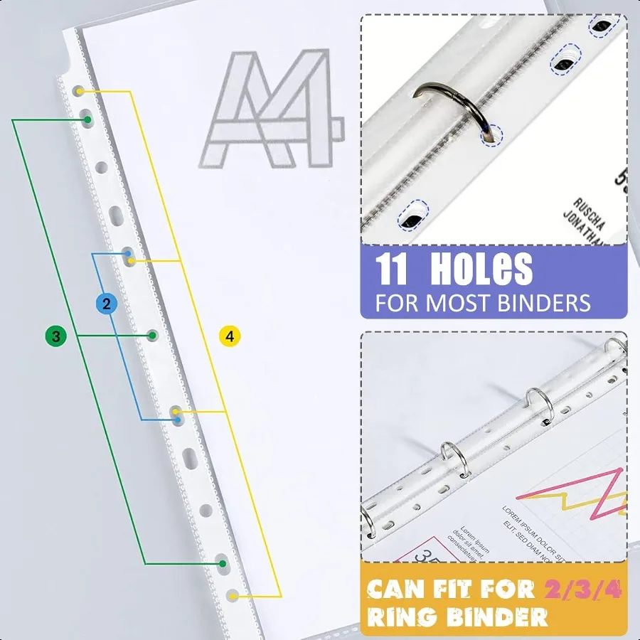 5 مجموعات من 40 عبوة من فواصل مؤشر الأكمام البلاستيكية مقاس A4 فواصل الجيب لـ 2 3 4 حلقات الموثق مع 8 علامات تبويب أوراق بلاستيكية شفافة