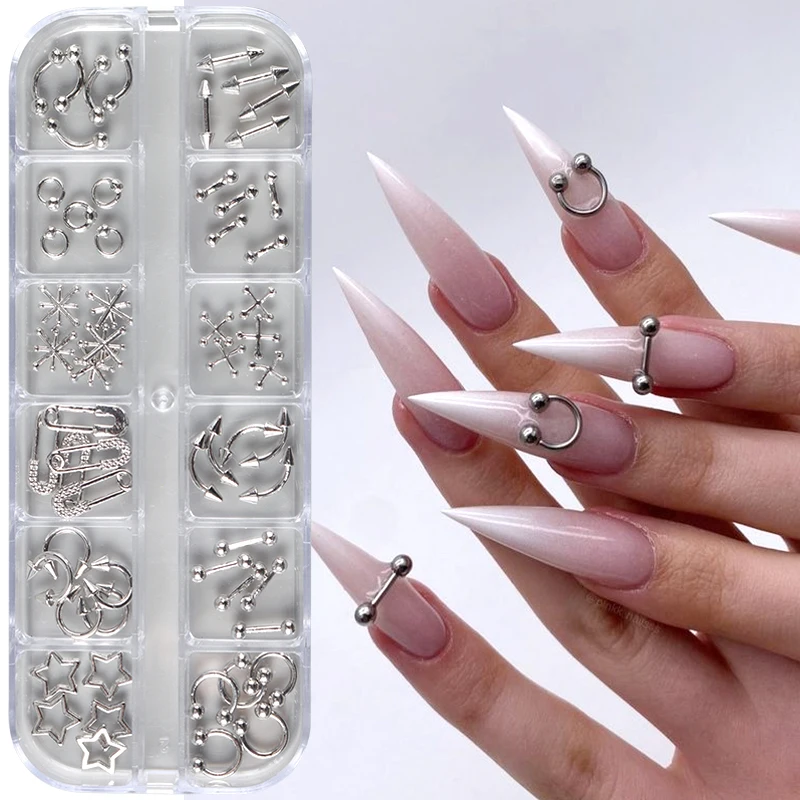 12 شبكة القوطي الشرير مسمار السحر ترصيع Y2K ثقب تصاميم معدنية فضي رسومات أظافر المسامير ثلاثية الأبعاد نجوم سبيكة مسمار الفن زينة