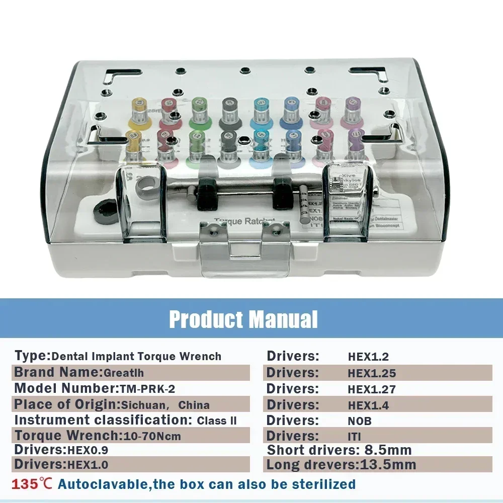 

Set Dental Implant Tool Kit Screwdriver Universal Hand Driver with Autoclavable Box Dental Torque Wrench Prosthetic Kit