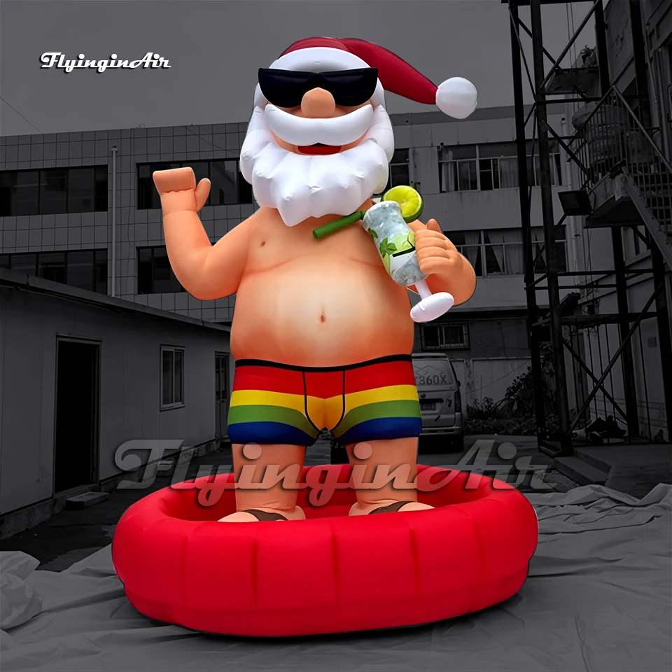 6m Creative Giant Summer Inflatable Santa Claus Standing in Swimming Pool With Sunglasses and Cocktail for Christmas Yard Decor