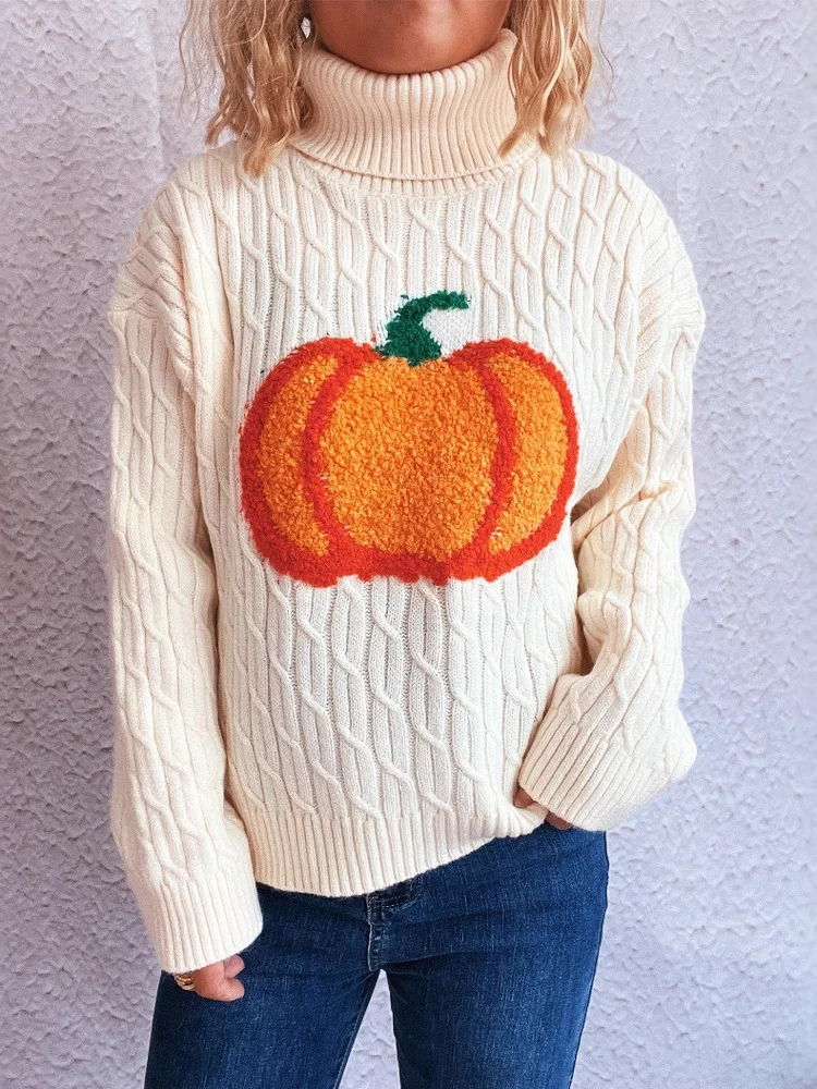 

New 2025 Autumn Winter Turtleneck Knitted Sweaters Women Pumpkin Flocking Long Sleeve Warm Pullovers