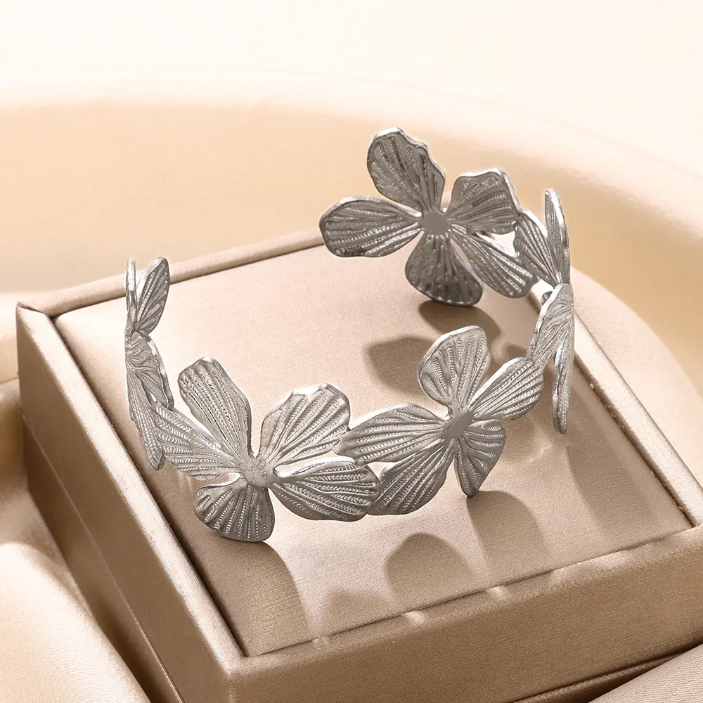 Stainless Steel Foliage Wide Bracelet For Women Vintage Hollow flower Bracelet Aesthetic Cute Geometry Jewelry Christmas Gift