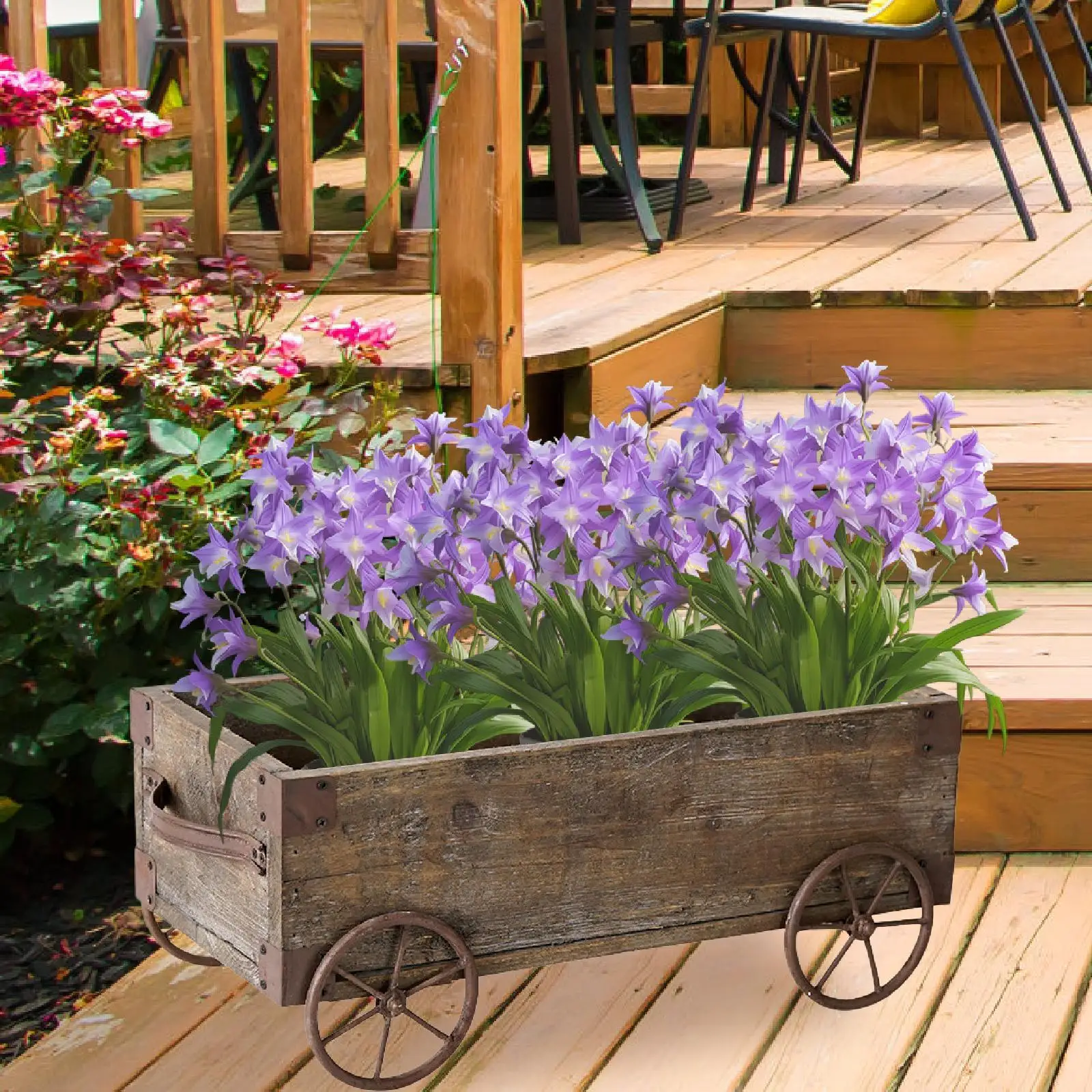 

Rustic Wooden Wagon Planter Planter Outside Decorative Flower Cart for Potted Indoor Yard Flower Pots Backyard