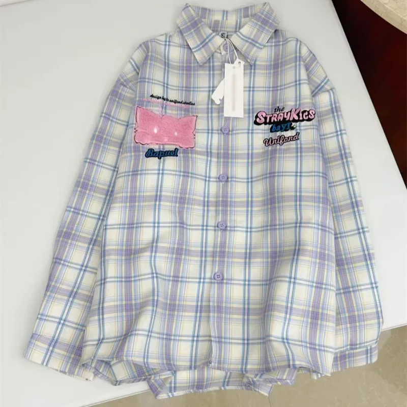 QWEEK Korean Style Plaid Shirt Sweet Letter Print Youth Loose Women's Blouse Cute Embroidery Preppy Long Sleeve Clothes Autumn