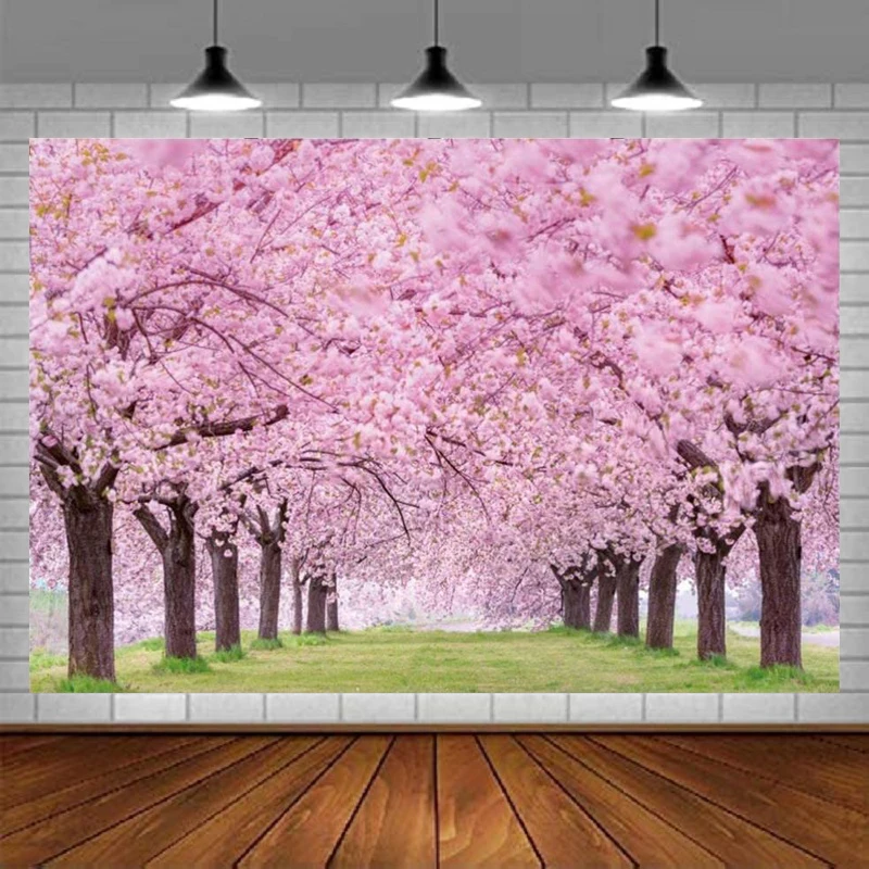 Cherry Blossom Flowers Photography Backdrop For Spring Scenery  Wedding Bridal Shower Background Girls Women Portrait Banner