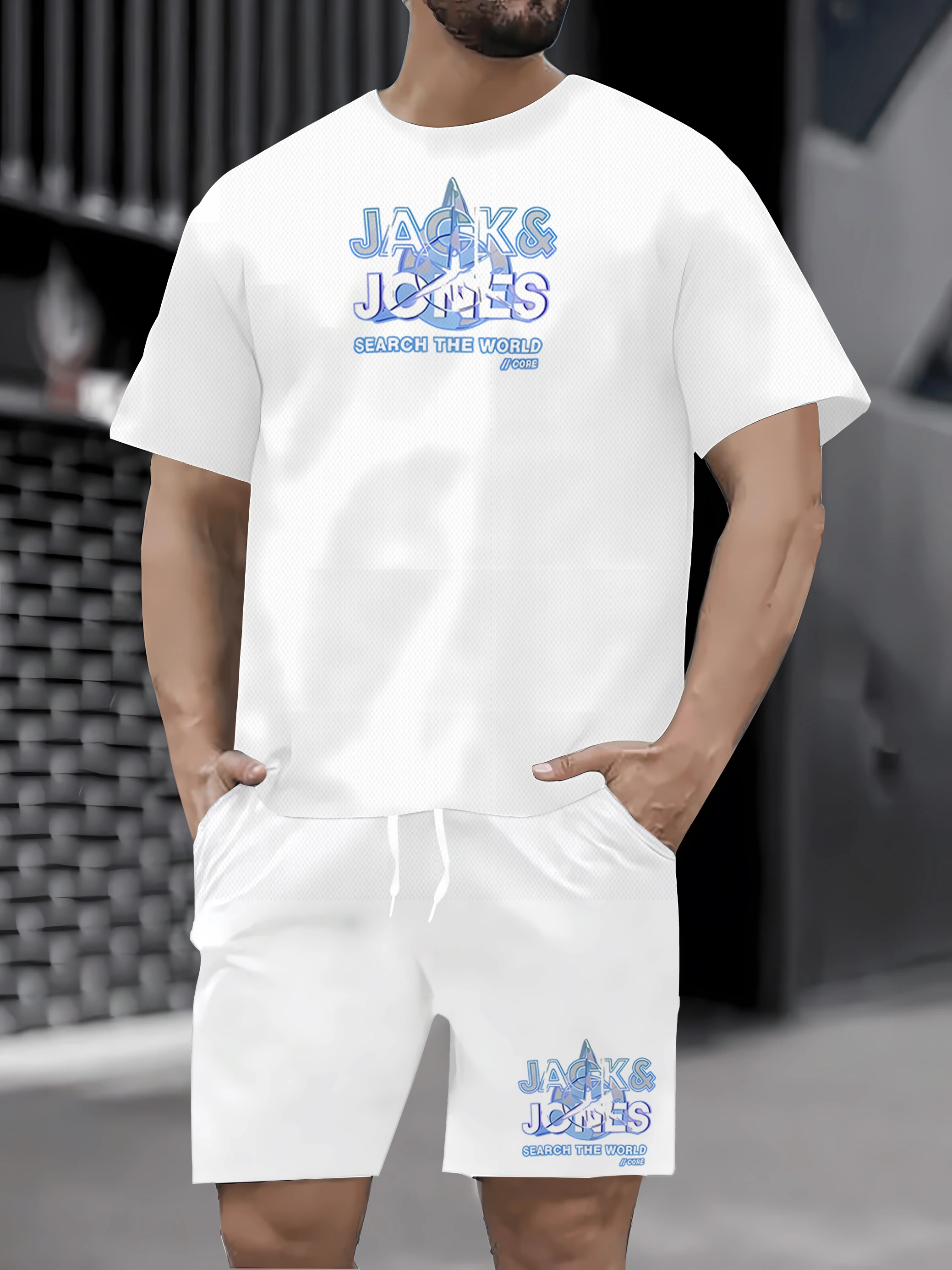 

Solto moda calvin carta impressão confortável em torno do pescoço de manga curta roupa masculina verão casual camiseta e shorts