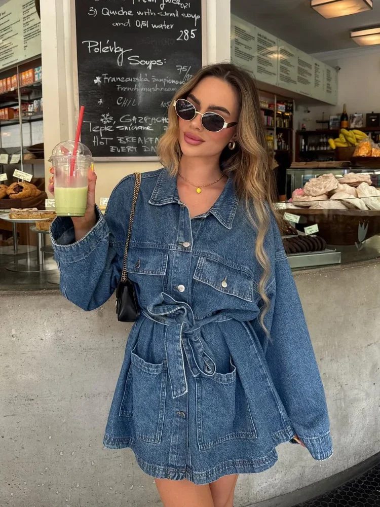 

Vintage Denim Loose Jacket Women Belts Single Breasted Lapel Long Sleeve Coat Female 2025 Spring Street Pocket Chic Outwear Top