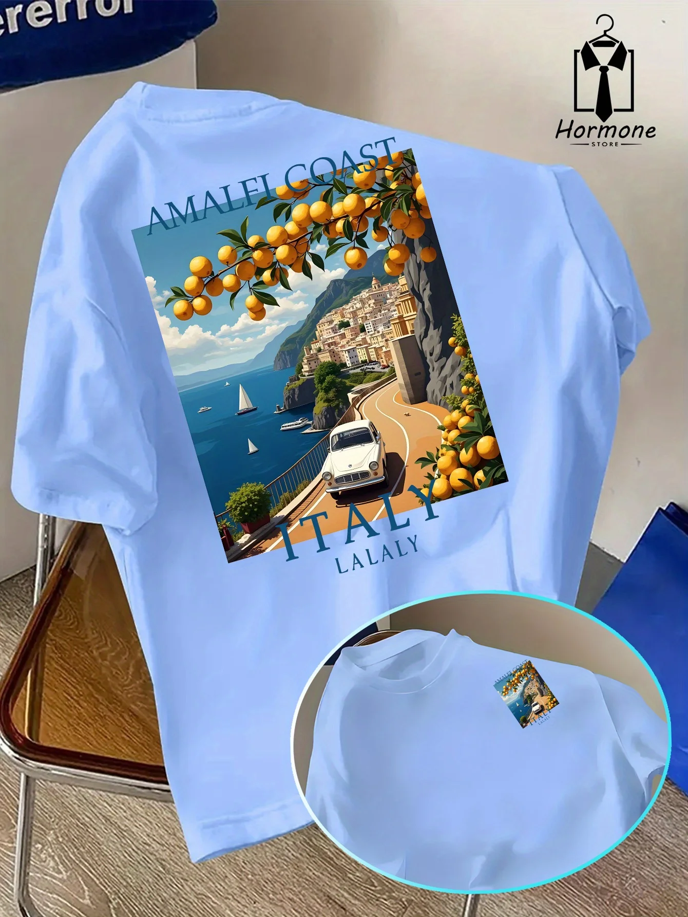 Summer Men Italian Travel Style Amalfi Coast Pattern Loose T-Shirt Suitable for Daily Casual Wear 100% Cotton Material Versatile