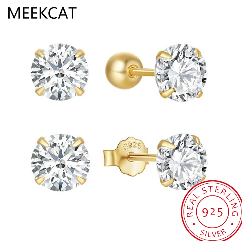 

925 Sterling Silver 3/4/5MM Four Claw Zircon Stud Earring Pendientes for Women Classic Fine Jewelry Piercing Screw Accessories