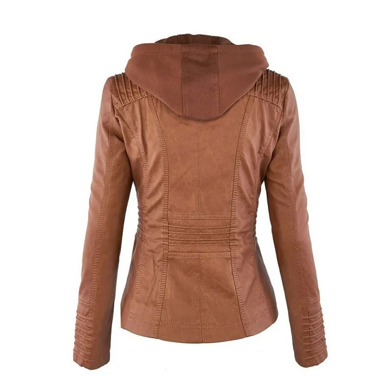 Women PU Leather Jacket Front Zipper Full Sleeve Slim Waist Casual Coat Outwear Autumn Removable Hat Hooded