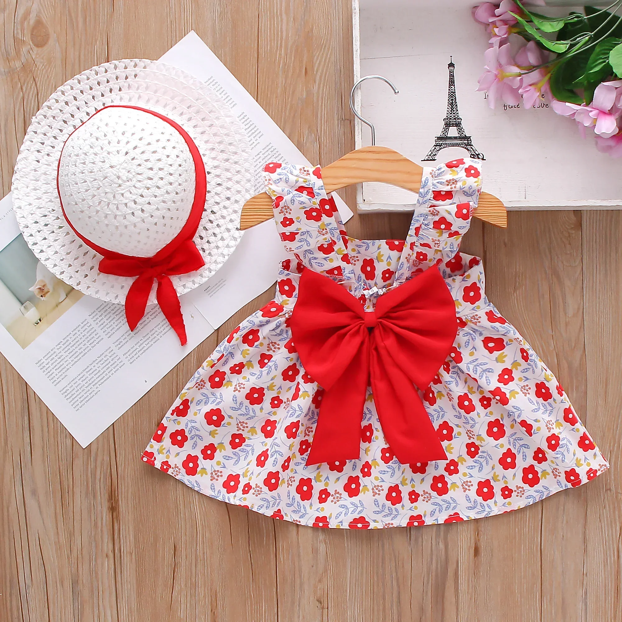 (Girls 0-3 Years Old) Two-piece Dress Summer New Dress Flower Print Bow A-Line Dress Halter Small Flying Sleeves