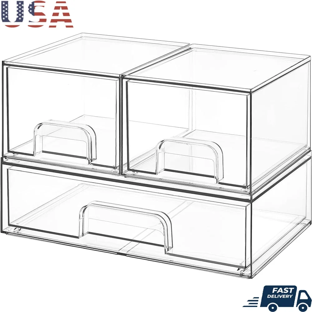 

Stackable Storage Drawers Set of 3 Clear Plastic Organizer Bins Makeup Cosmetics Beauty Supplies Non-Slip Ideal Vanity Bathroom