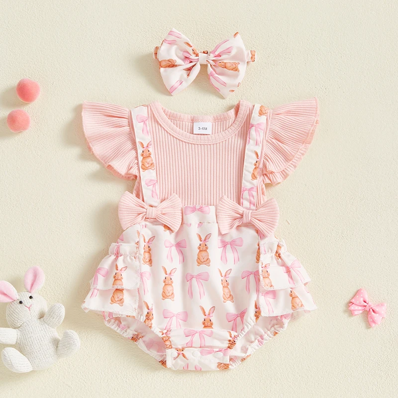 Baby Girl Easter Outfit Bunny Print Fake Two-Piece Fly Sleeve Romper Bow Headband 2 Piece Spring Baby Bodysuits Set