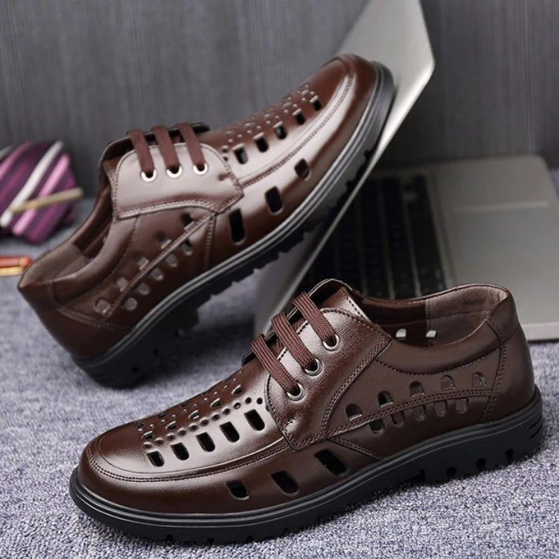 Summer Men's Sandals Breathable Hollow Out Men Casual Shoes Luxury Lace-up Leather Shoes Outdoor Comfor Men sandalias 2024 New