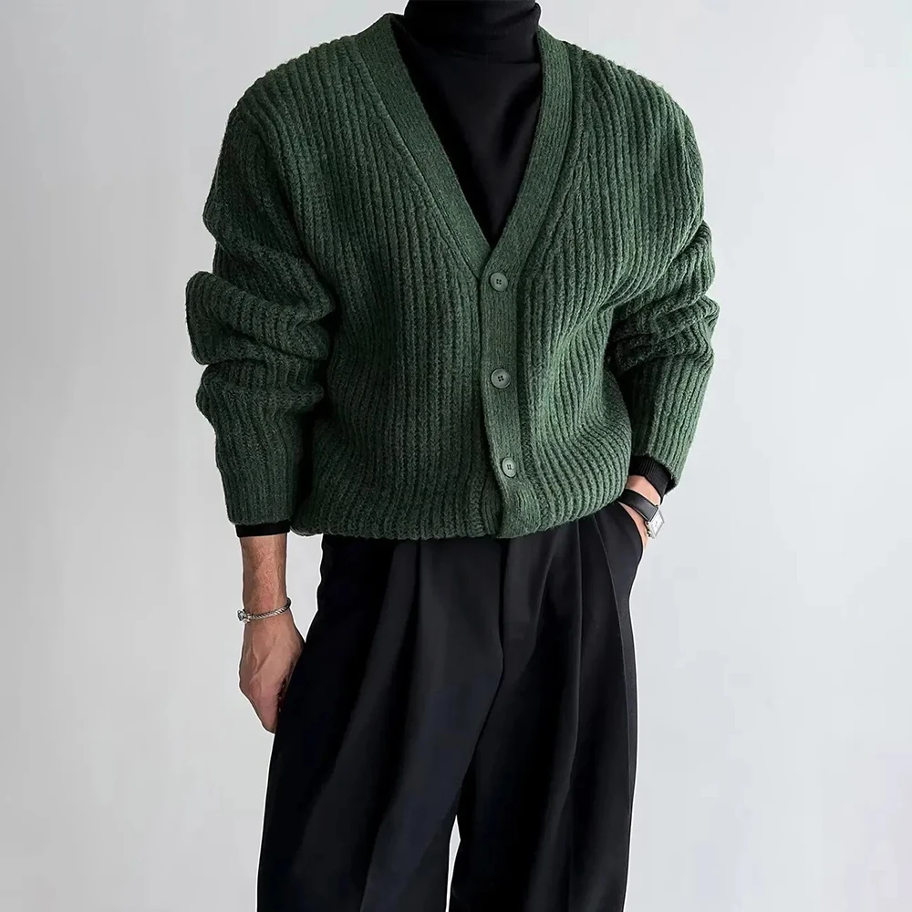 2026 Winter Men's Solid-Color Long-Sleeve Knit Cardigan American Vintage Fashion Trend High Street Casual Loose Simple Men's Top