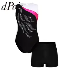 Adolescenti ragazze ginnastica tuta bambini senza maniche lucido strass ginnastica body set Dancewear bambini balletto abiti da ballo