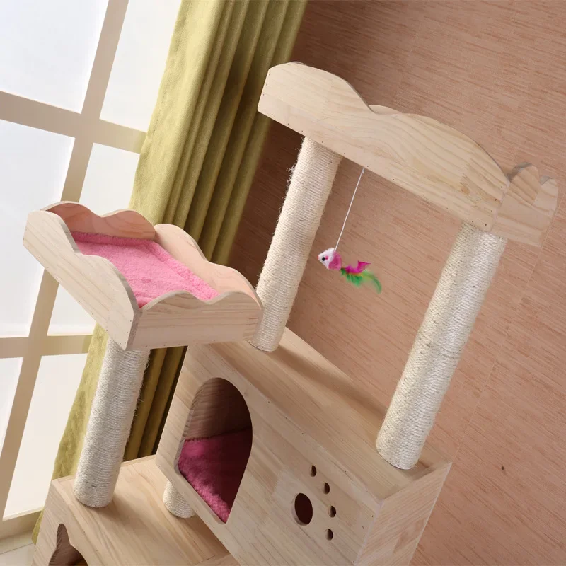 Durable Eco-friendly Solid Wooden Cat Scratcher Tree House Tower