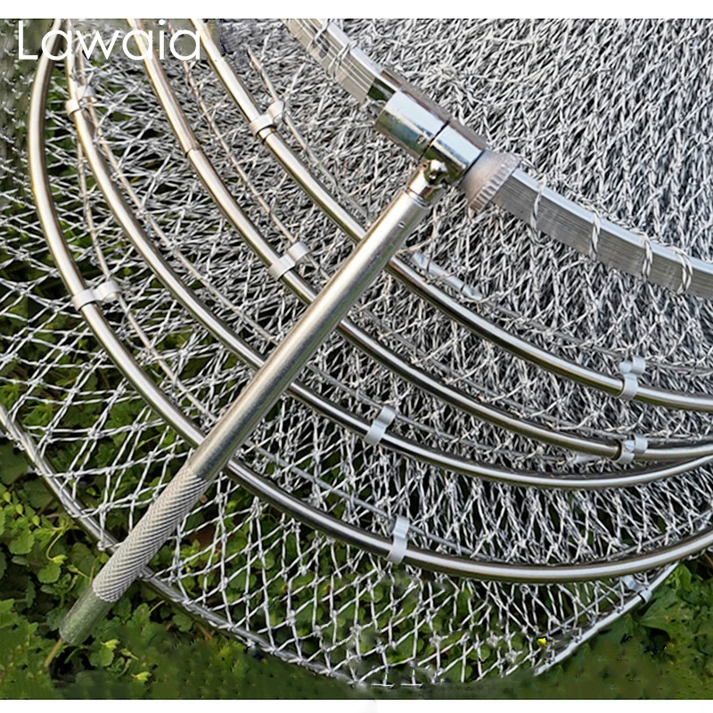 45cm Fishing Landing Net Handmade Grey Braided Line Hand Net Folding Quick-drying Net Cages Stainless Steel Rings Fishing Gear