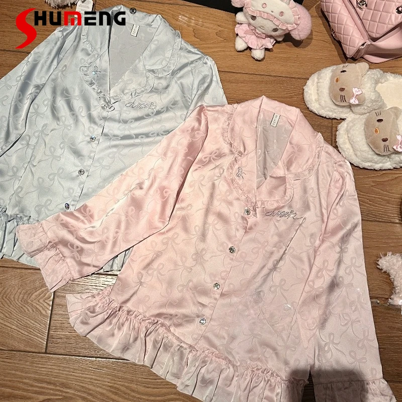 

Luxury Rhinestone Bow Ice Silk Pajamas Ladies Long Sleeve Spring Autumn Sweet Sleep Suits Women High End Homewear Set