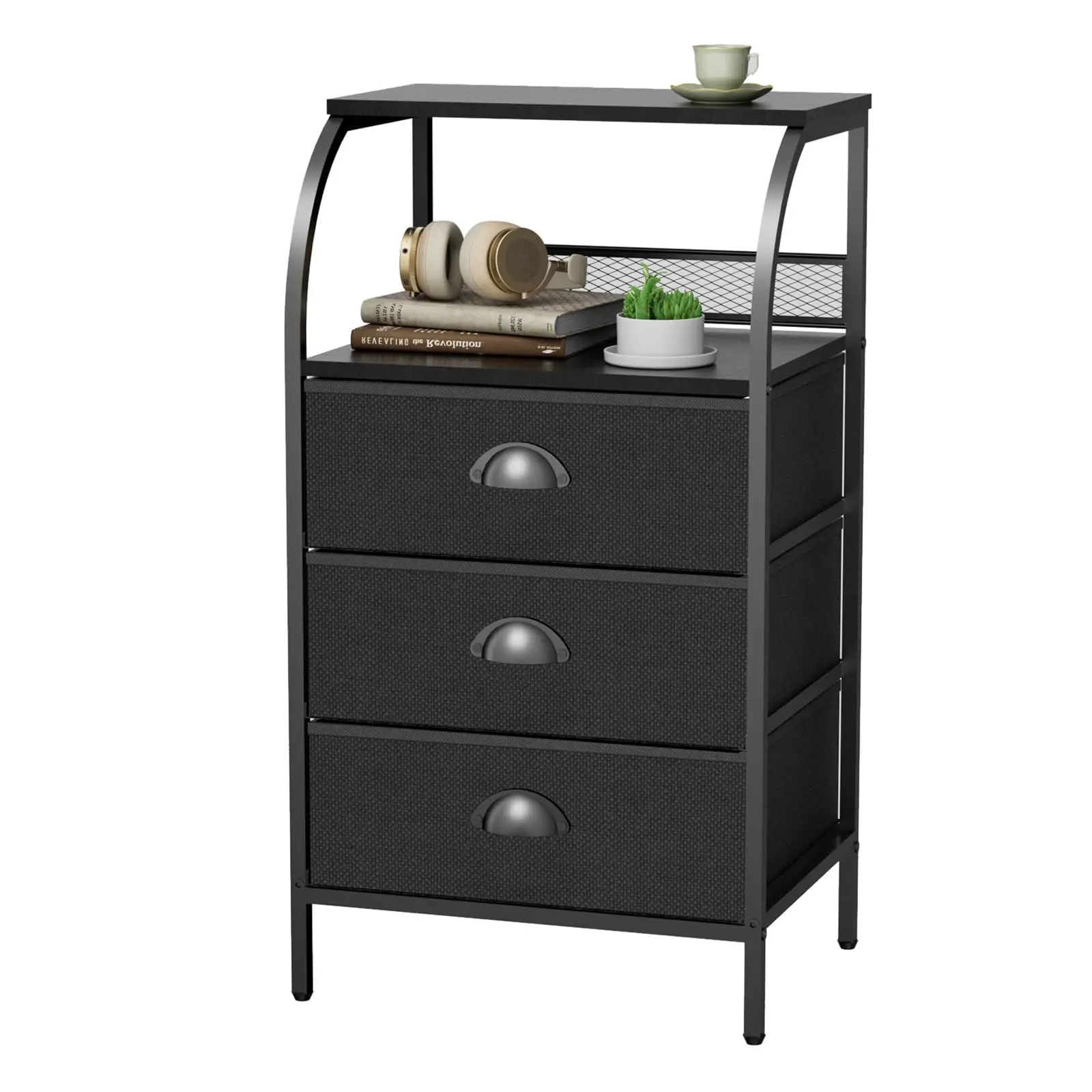 

Modern Black Fabric Drawer Nightstand With Steel Frame, 3 Storage Drawers And 2-Tier Open Shelf For Bedroom