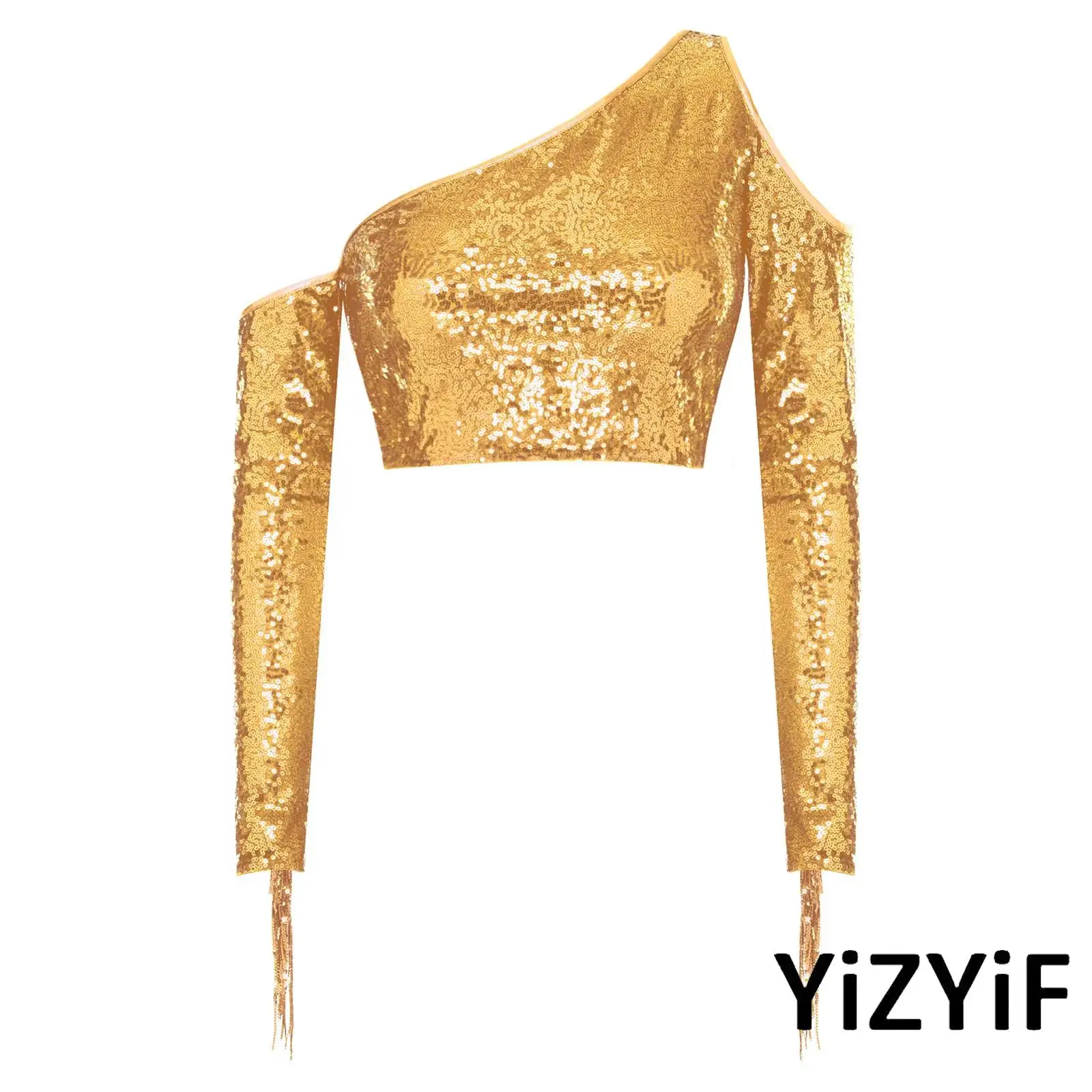 

One Shoulder Sequin Crop Top for Women Long Sleeve Cold Shoulder Tassel Sparkly Blouse for Jazz Disco Dance Raves Club Party
