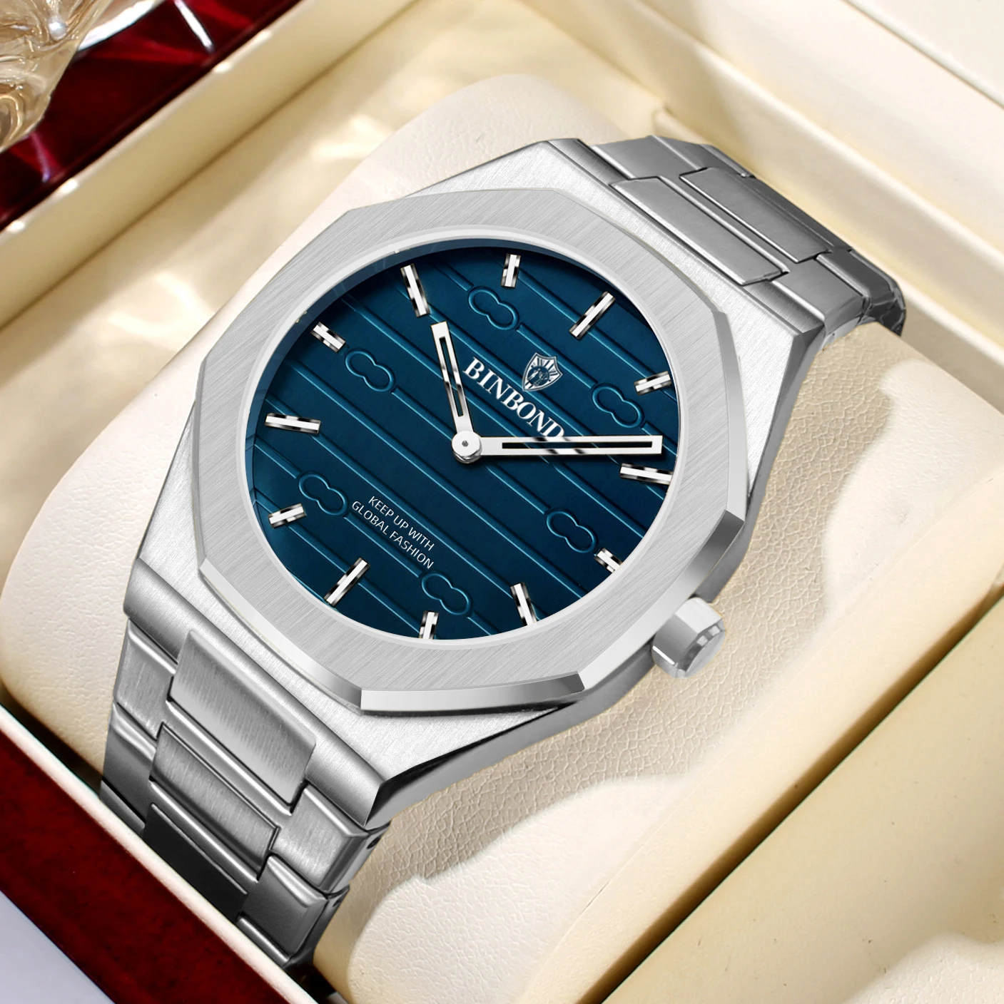 Men Watch Water Diamond Luxury Night Glow Double Calendar Quartz Movement 41mm Blue Gold Stainless Steel Fashion Business Watch