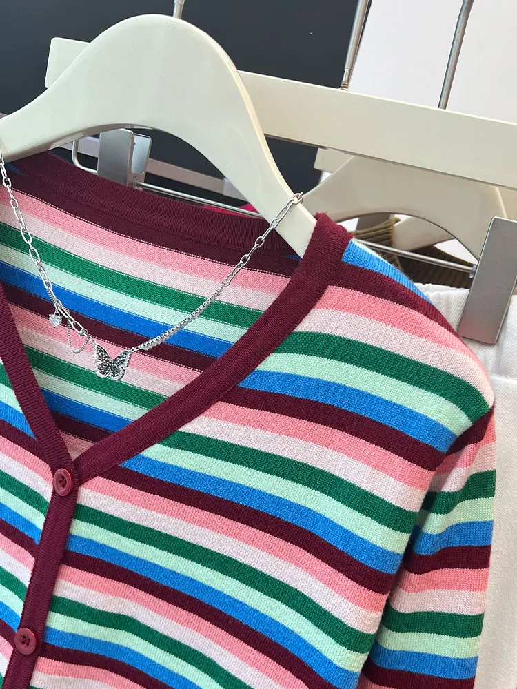 Faionable Striped V-Ne Single-Button Knitted Cardigan Casual Commute Sle Long Sve Outerwear Unique Top for Women