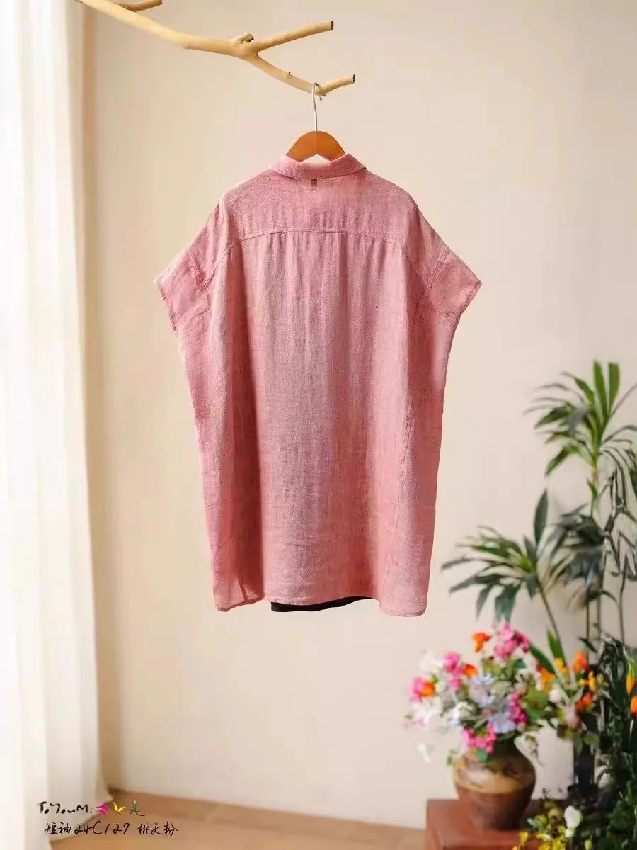 New Chinese style Women's shirt 100% linen Patchwork embroidery vintage blouses Spring Short Sleeves long tops