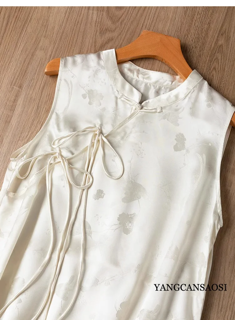 Women's Fashion Clothing 100% Natural Mulberry Silk Jacquard Satin Elongated White Temperament Vest Button Up Dress