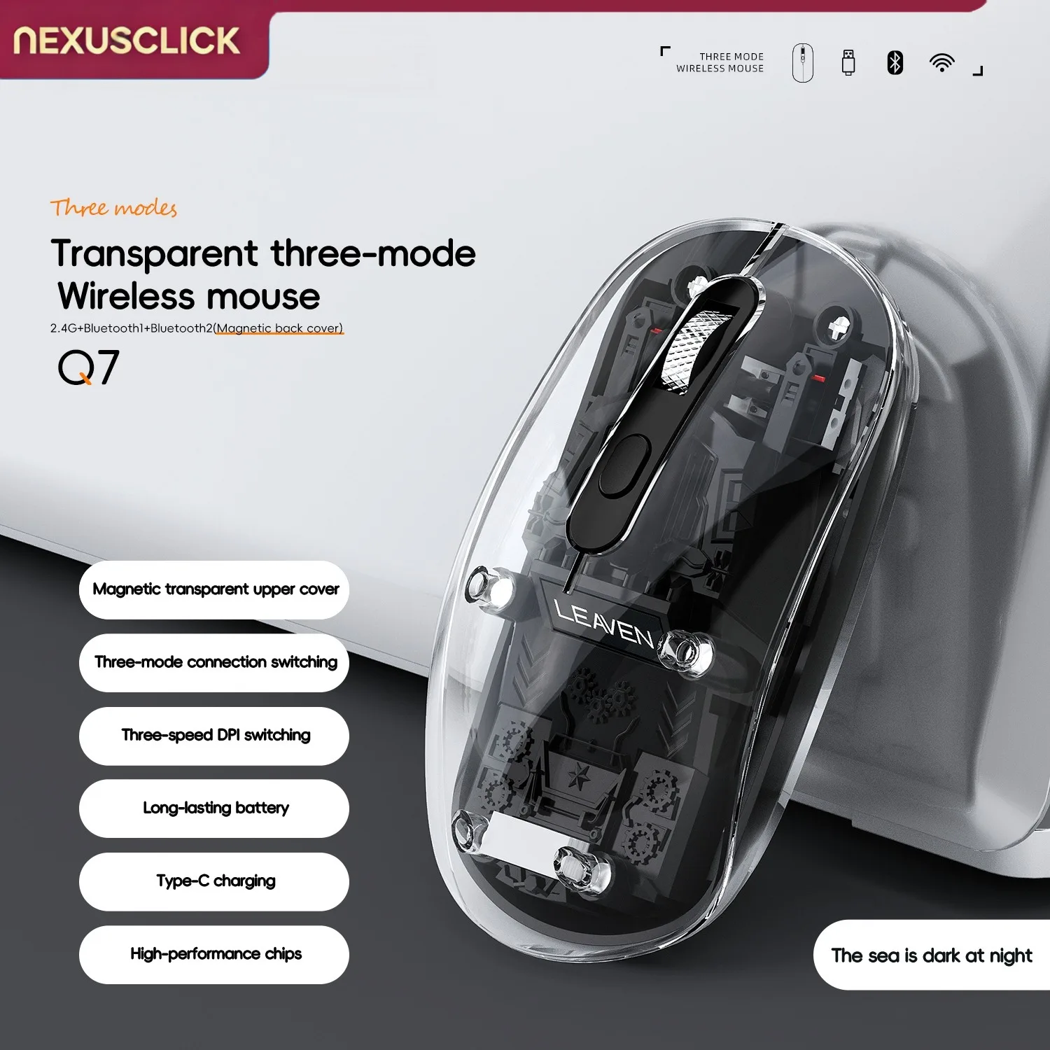 NexusClick Tri-Mode Wireless Gaming Mouse, Transparent Shell Silent Mice, Type-C Rechargeable 3 Adjustable DPI for Laptop PC iPa