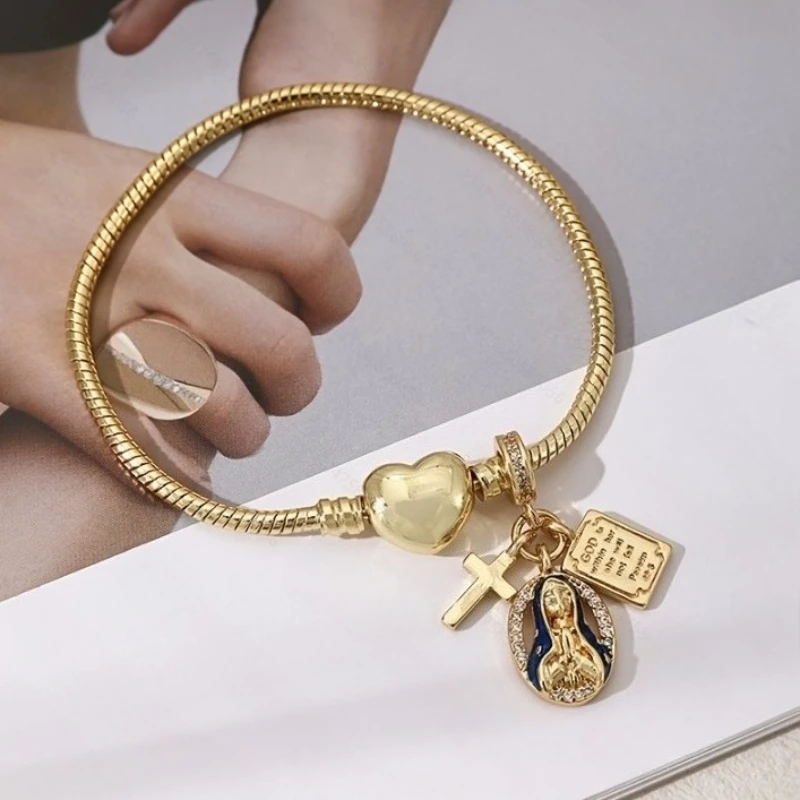 Modisches Goldfarbenes Ballett-Damen-Armband mit Herz-Kreuz-Anhänger Geschlossenes Exquisites Damen-Bankett-Party-Schmuckgeschenk
