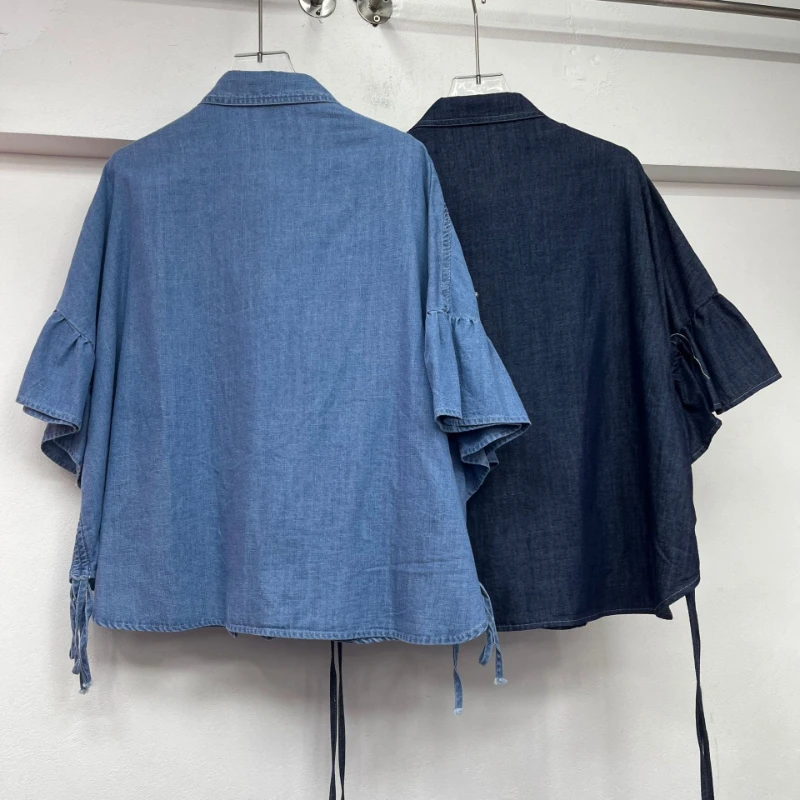 GALCAUR colorblock spliced appliques cowboy shirts for women lapel short sleeves patchwork bead temperament shirt femlae fashion