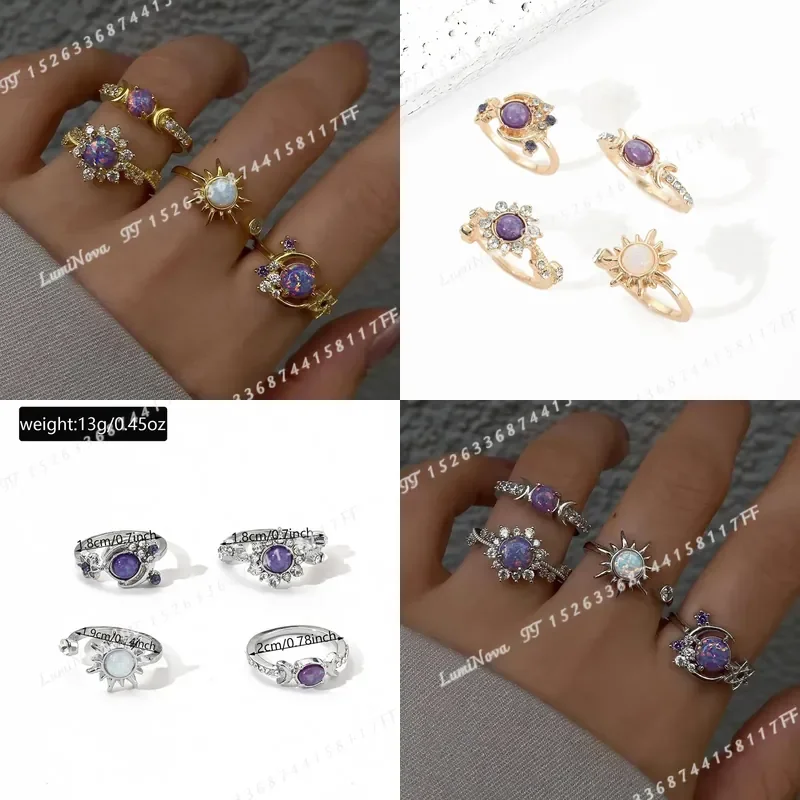4pcs Star Moon Ring Set Sun Retro Court Style Rings Best Friend Couple Matching Bands Occult Gift New Year Good Luck Blessing