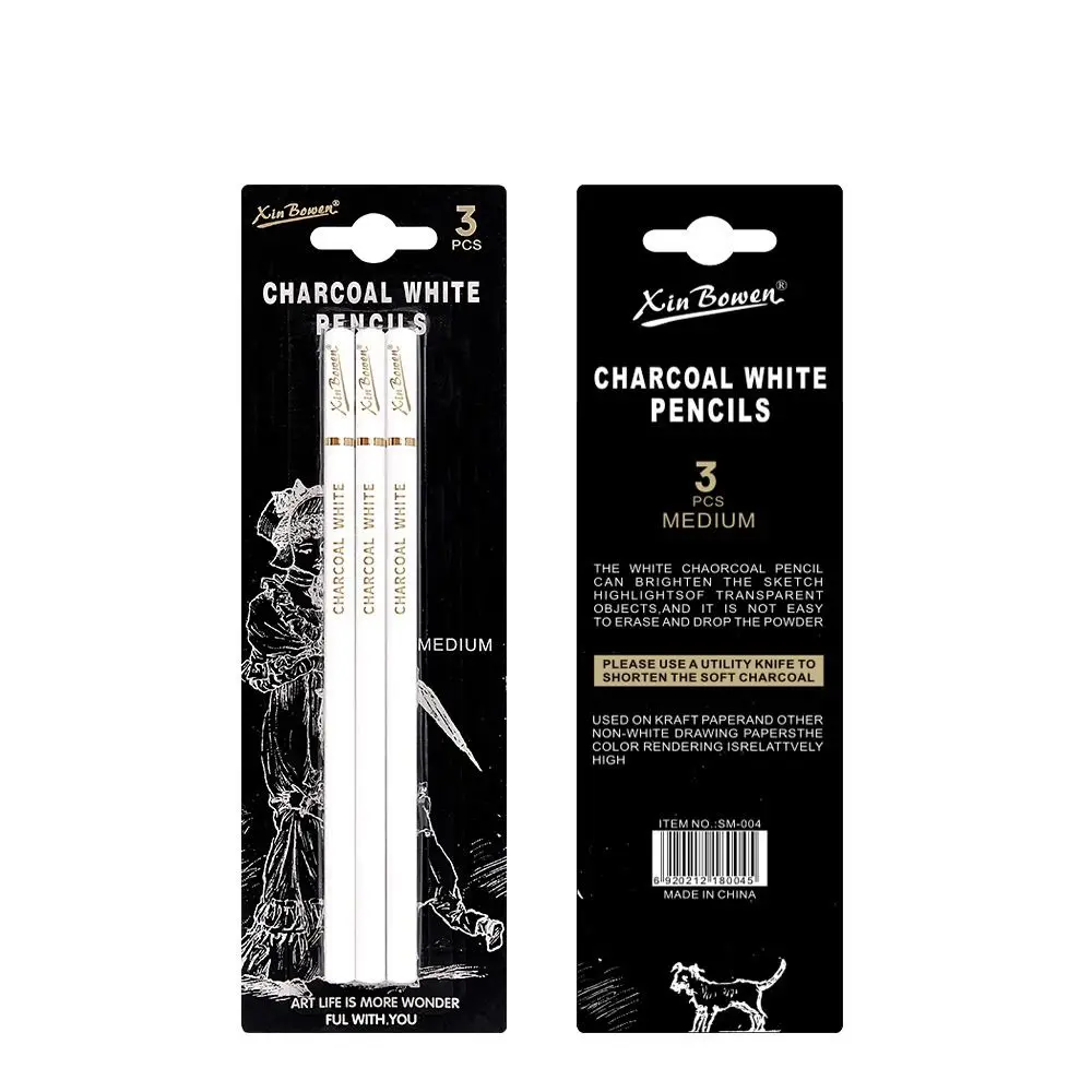 3Pcs Soft/Medium/Hard Charcoal Pencils Set Drawing Pencil Art Supplies Charcoal Pen Sketch Pencil White/Black Professional
