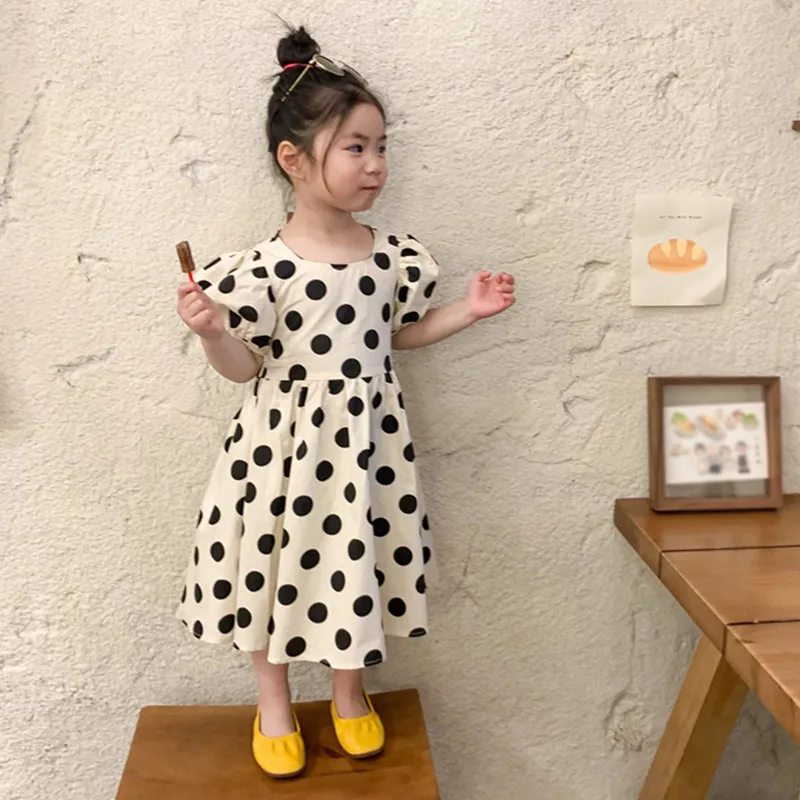 Children Girls Dress Summer Bubble Sleeve Children Princess Dress Baby Girls Polka Dot Print Backless Beach Puffy Skirt 3-9Y