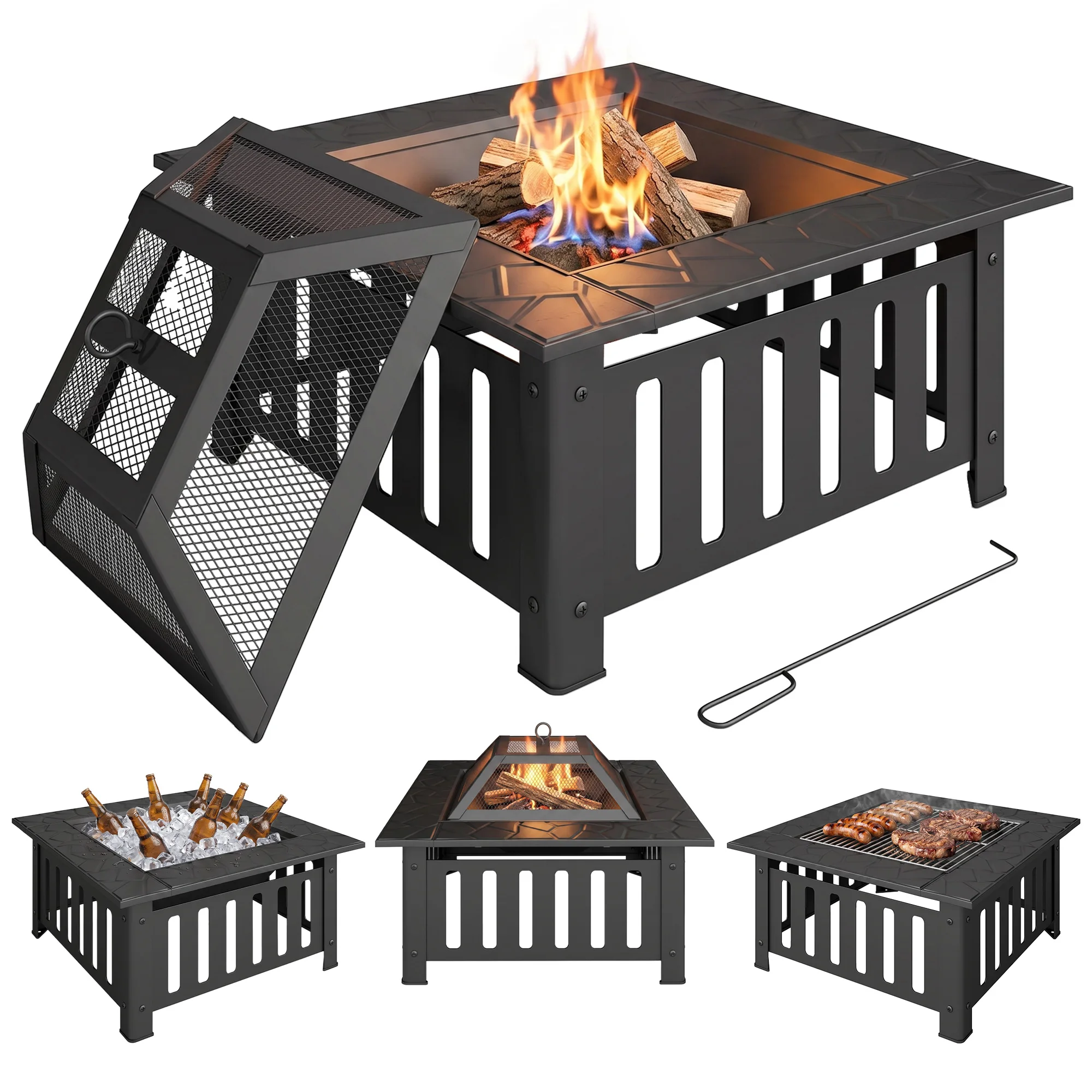 Outsunny Brasero Exterior de Acero Cuadrado con Atizador 67x67x47 cm Negro