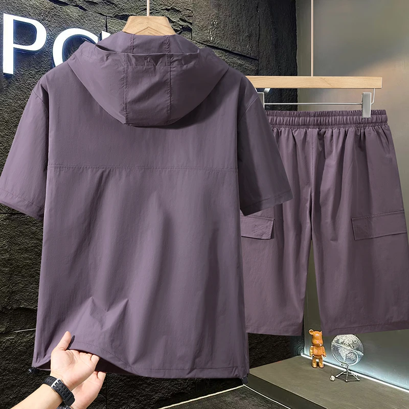 Duży, krótki zestaw z kapturem dla mężczyzn, luźny, na lato, dla puszystych, casualowy, plus size, powiększony dwuczęściowy komplet.