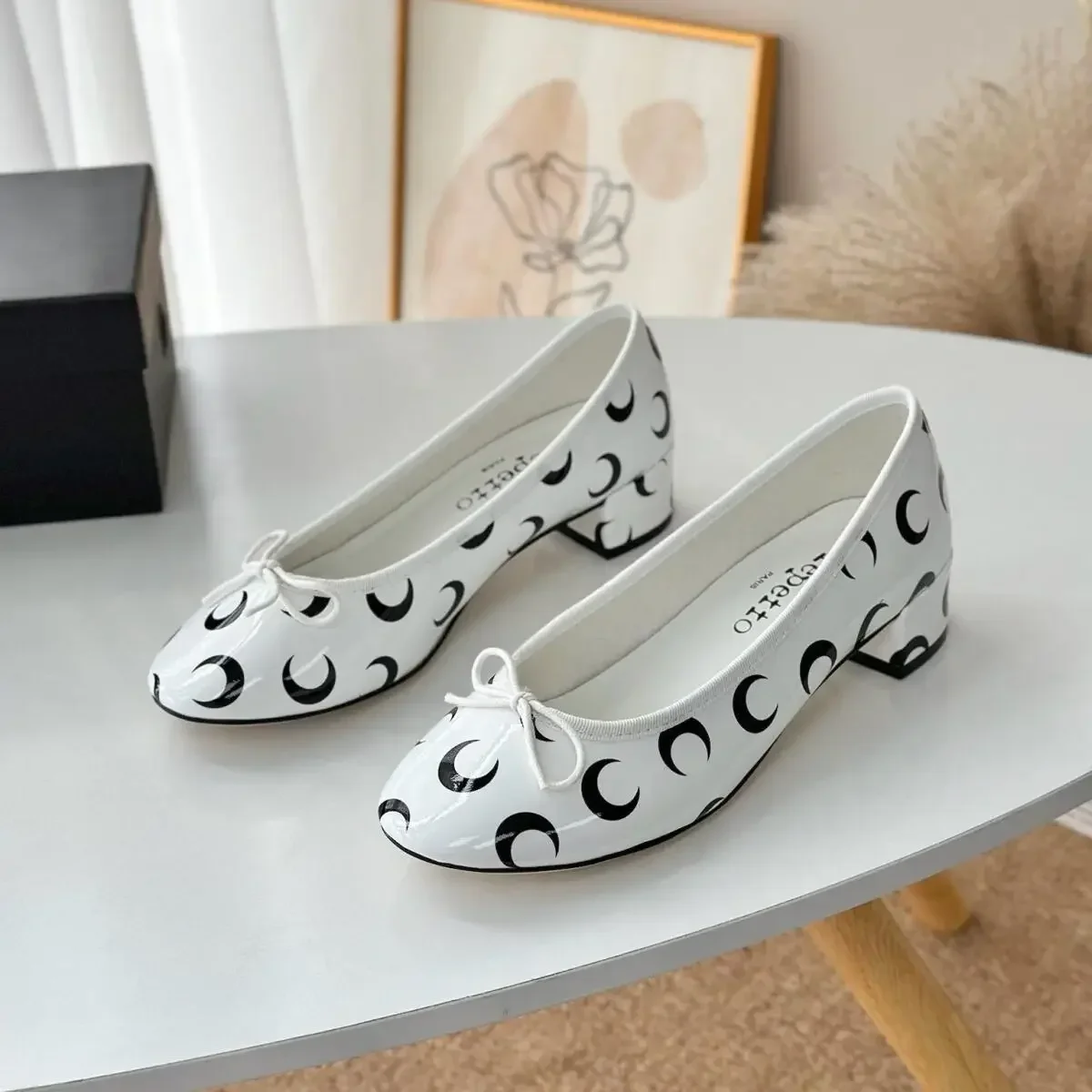 Moon Print Round Toe Ballet Flats Women Color Blocked Shallow Mouth Flat Bottom Bow Design Elegant Daily Casual Single Shoes