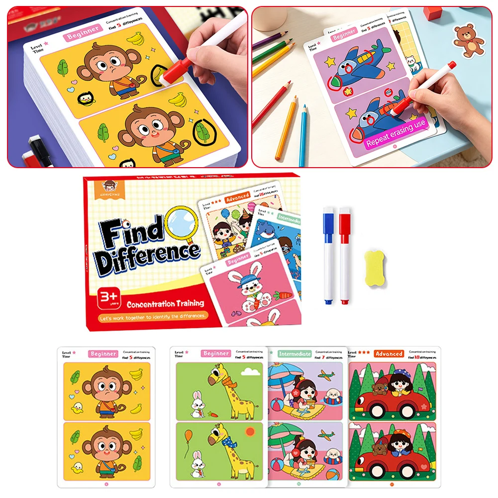 1 Set Erasable Spot The Difference Cards For Kids 64 Cards 4 Pens 2 Erasers Children's Educational Games Concentration Training