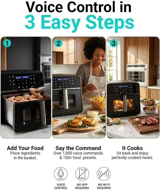 Emerson SmartVoice 10QT 6-in-1 Air Fryer, 1000+ Voice Control Commands, 100+ Recognized Food, No APP, No WIFI, No Setup, Nonstick Basket, Air Fry, Bake, Reheat, Dehydrate, 1700W